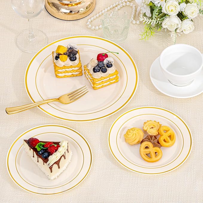 I00000 200 Pcs Gold and Ivory Plastic Plates, Ivory Disposable Party Plates Include 100 Dinner Plate 10?쇺?and 100 Plastic Dessert Plate 7?쇺?Perfect for Birthday, Party & Wedding