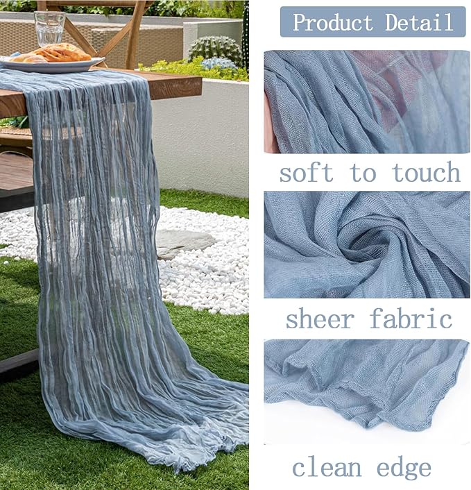 4 Pack Dusty Blue Cheesecloth Table Runner 20 x 120 inch Gauze Table Runners 10 FT Long,Semi Sheer Boho Cheese Cloth Fabric Table Runner Bulk for Wedding,Party,Baby Shower,Bridal Shower Decoration