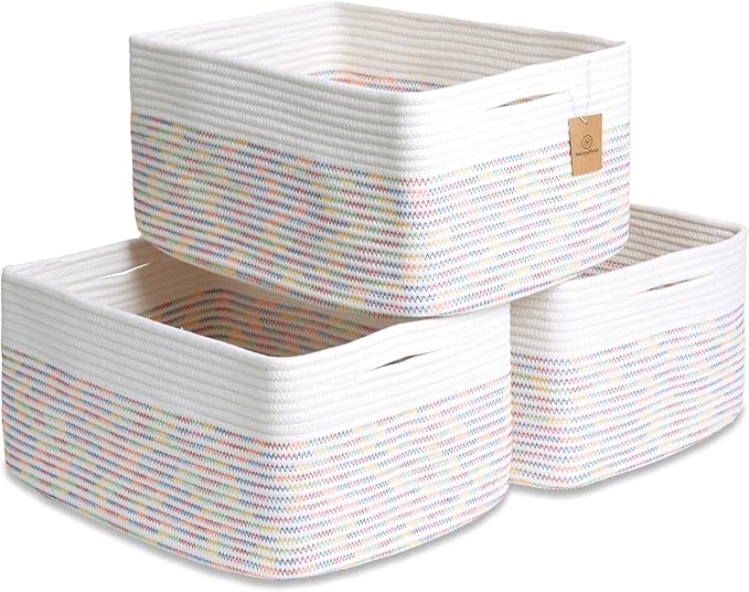 NaturalCozy Storage Baskets 16.8?쓝13?쓝7.6??Cotton Rope Woven Baskets for Organizing 3-Pack | Toy Storage Bins | Basket for Shelves, Laundry, Blanket, Clothes, Closet, Kitchen, Bathroom, Gifts