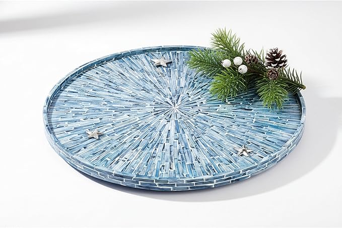 PEMAR 22" Round Mother of Pearl Extra Large Ottoman Tray with Raised Edge, Oversized Decorative Luxury Wooden Serving Tray for Food, Coffee Table, Breakfast in Bed (Blue Sunlight)