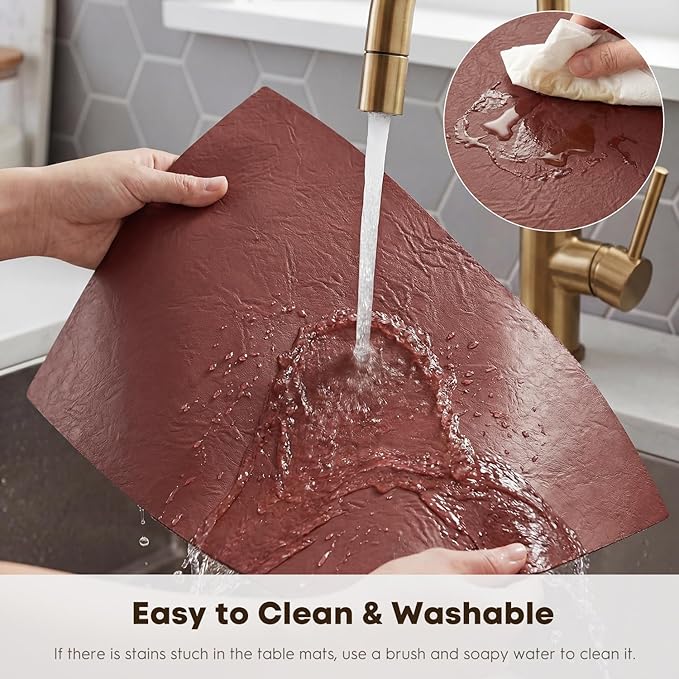 Artoid Mode Red Faux Leather Placemats Set of 4, 12x18 Inch Waterproof Wipeable Heat Resistant Place Mats, Reversible Table Mats for Christmas Kitchen Dining Decor