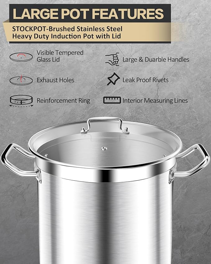 Stainless Steel Stock Pot with Lid ??24 Quart (6 Gallon) Heavy-Duty Cooking Pot for Soup, Stew, Pasta ??Commercial & Home Use, Easy to Clean