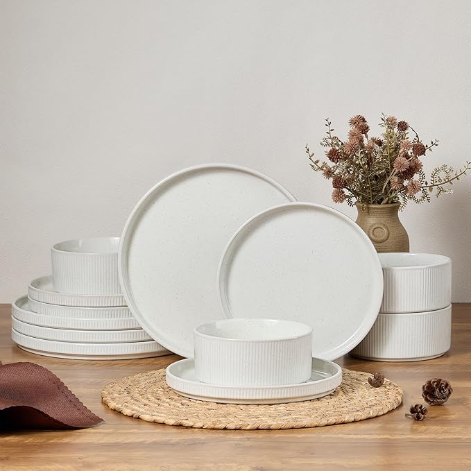 E-far 12-Piece Plates and Bowls Sets, Stoneware Dinnerware Dishes Sets for 4, Kitchen Modern Dining Dishware, Chip & Scratch Resistant, Microwave & Dishwasher Safe, Speckled White