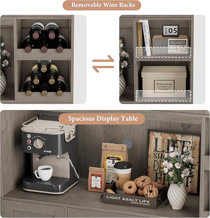 Pantry Organizers and Storage Cabinet, 72??Tall Kitchen Pantry Storage Cabinet with Microwave Stand, Wine Rack, Drawers and Adjustable Shelf for Dining Room, Living Room, Home BarAsh Grey