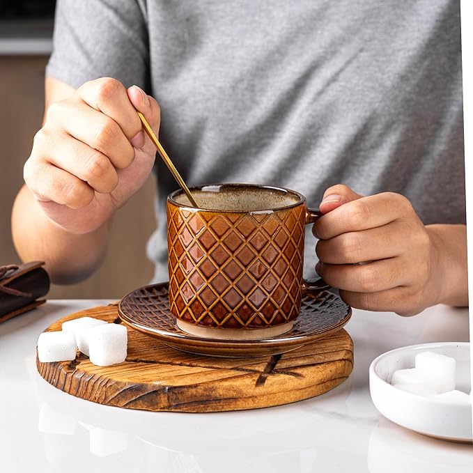 GBhome 8 OZ Stackable Coffee Mugs, Ceramic Coffee Mugs with Texture Patterns for Man,Woman,Dad,Mom, Modern Coffee Cups Set of 4 for Espresso/Cappuccino. Dishwasher&Microwave Safe,