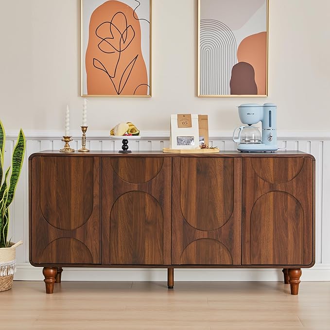 Mid Century Modern Sideboard Buffet Cabinet with Storage, Kitchen Sideboard Credenza Storage Cabinet with Doors and Shelves for Home Coffee Bar, Dining Room, Office, Entryway - Walnut
