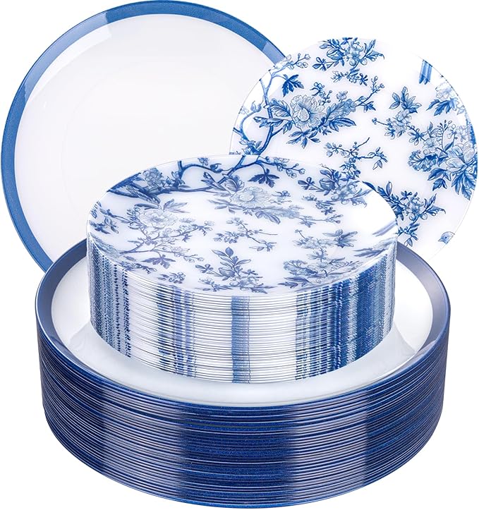 EI 60pcs Blue and White Floral Plastic Plates Fancy Blue Floral Disposable Heavy Duty,10.25inch Dinner Plate and 7.5inch Dessert Plate,Disposable Nice Plastic Plates for Party,Wedding(Value,Elegant )