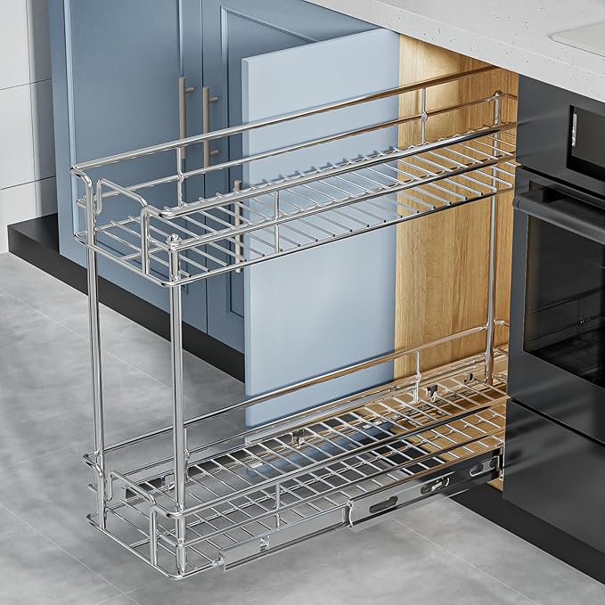 ROOMTEC Pull Out Spice Rack for Narrow Cabinet (5쩍" W X 21" D),2 Tier Slide Out Cabinet Organizer and Pull Out Shelves Under Cabinet Storage for Kitchen, Chrome