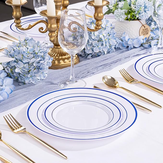 U-QE 100pcs Blue Plastic Plates for Party - Blue Plates Disposable Heavy Duty - Premium Plates Include 50 10" Dinner and 50 7" Dessert Plate, Perfect for Party, Wedding & Birthday