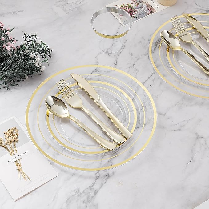 BESTVIP 50PCS Clear Plastic Plate, Disposable Party Plates with 25 Dinner and 25 Dessert Plates, Plastic Plate for Party, Wedding and Birthday