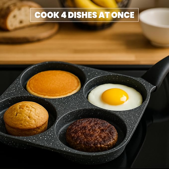 4-Hole Non-Stick Breakfast Frying Pan with Handle ??Aluminum Skillet for Eggs, Pancakes, Omelets & Burgers ??Compatible with Gas & Induction Stoves