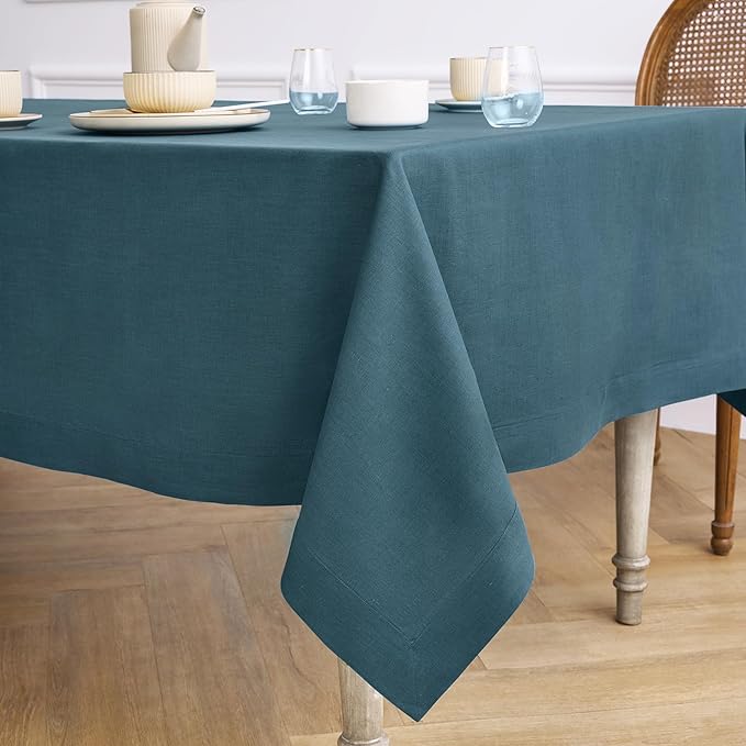 Solino Home Linen Tablecloth for Rectangle Tables 60 x 120 Inch - 100% Pure Linen Peacock Blue Table Cloth - Fete, Machine Washable Cloth Tablecloth for Winter