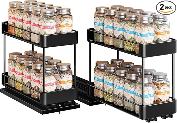 Nieifi Spice Rack Organizer for Cabinet, Vertical Spice Rack Pull Out, Easy to Install, Metal, 4.1''Wx10.35''Dx8.4''H, 2 Pack, 2 Tiers(Black)