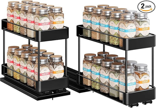 Nieifi Spice Rack Organizer for Cabinet, Vertical Spice Rack Pull Out, Easy to Install, Metal, 4.1''Wx10.35''Dx8.4''H, 2 Pack, 2 Tiers(Black)