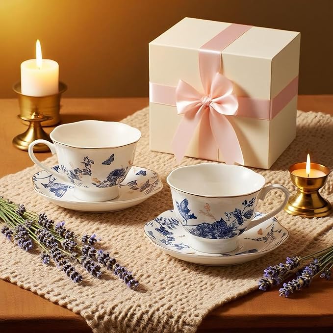 Tea Cup Set of 2, Coffee Cups with Saucers 7 Oz (200ml) Vintage Floral Porcelain with Gold Trim Teacups, Cappuccino Cup, Latte Mugs for Mother's Day, Party, Birthday Gifts