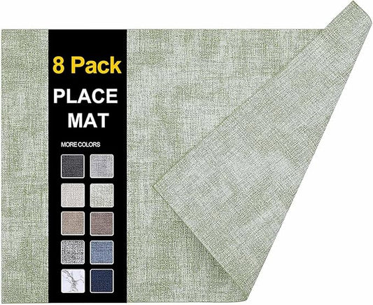 homing Faux Leather Heat Resistant Placemats 8 Packs, Waterproof Wipeable Dining PU Place Mats for Indoor & Outdoor, Easy to Clean, Light Green