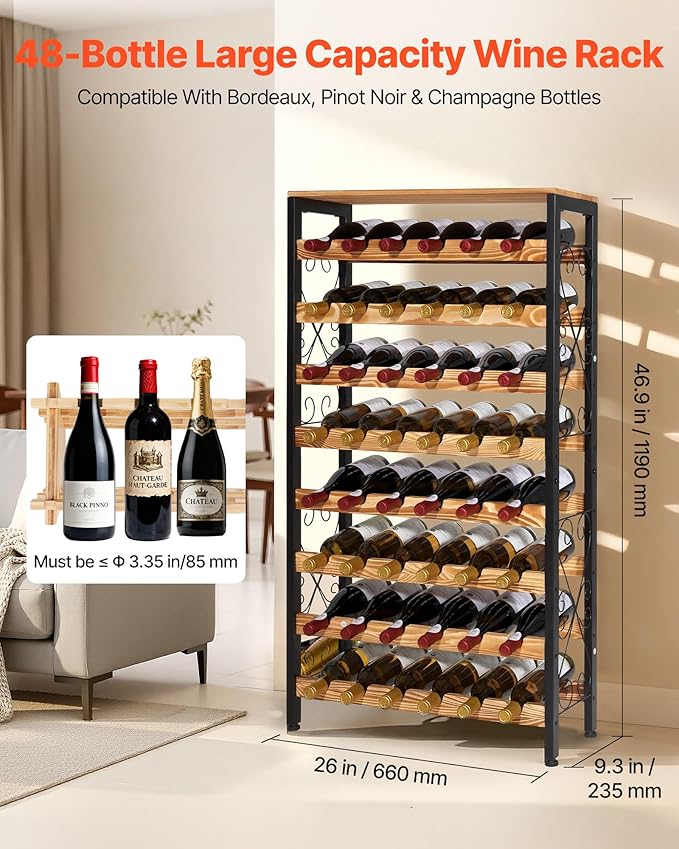 VEVOR 48 Bottle Wine Rack,8-Tier Iron Wine Bottle Holder with Wood Table Top,Freestanding Floor Display Wine Storage Shelves,for Kitchen Pantry, Cellar, Bar, Dining Room,26''L X 9.3''W X 46.9''H