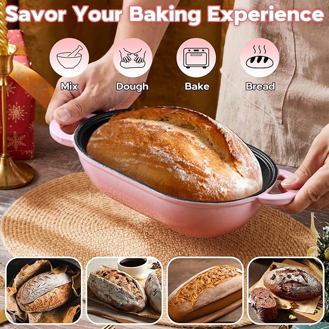 Onader Enameled Cast Iron Dutch Oven, 2.8QT Dutch Oven Pot with Lid for Sourdough Bread Baking, Oval Meatloaf Pan, Heavy Duty - Pink
