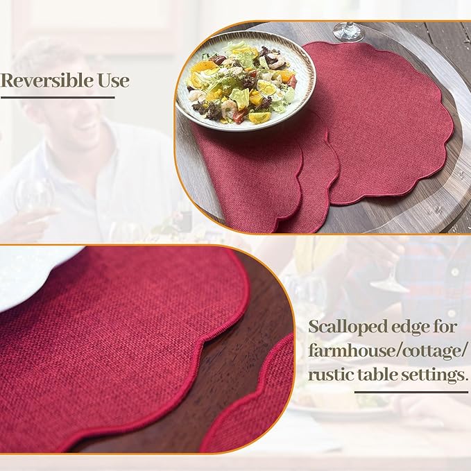 AHHFSMEI Round Faux Linen Placemats Set of 4 Waterproof Table Mats Heat Resistant Non-Slip and Stain Proof for Kitchen Dining Elegant Decor (Burgendy red,4)