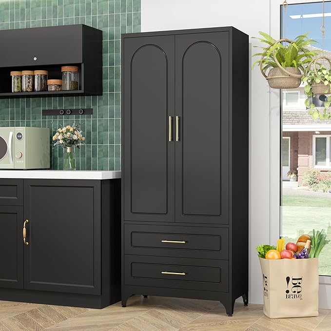 Metal Kitchen Pantry Storage Cabinet with 2 Drawers竊?5Inch Black Food Pantry Cabinets for Kitchen with 2 Adjustable Shelves竊똖all Storage Cupboard for Living Room, Dining Room Office