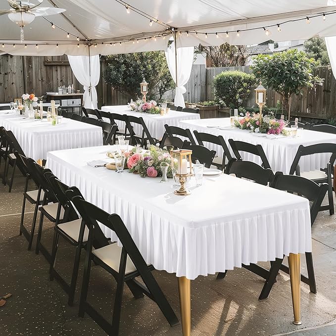 Wish Care 2 Pack White Spandex Table Clothes for 6 Foot Rectangle Tables Wrinkle Free Stretch Fitted Tablecloths 6ft Pleated Ruffle Elastic Table Cover Skirt for Dining Outdoor Home Party Tablecloth