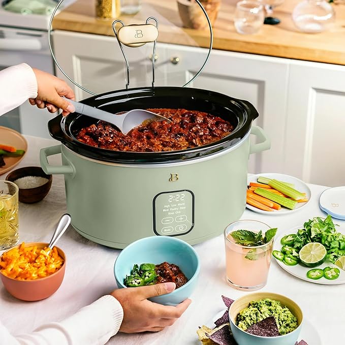Beautiful 6 Quart Programmable Slow Cooker, 5 Cooking Presets, Digital Countdown Timer, Dishwasher Safe Parts by Drew Barrymore (Sage Green)