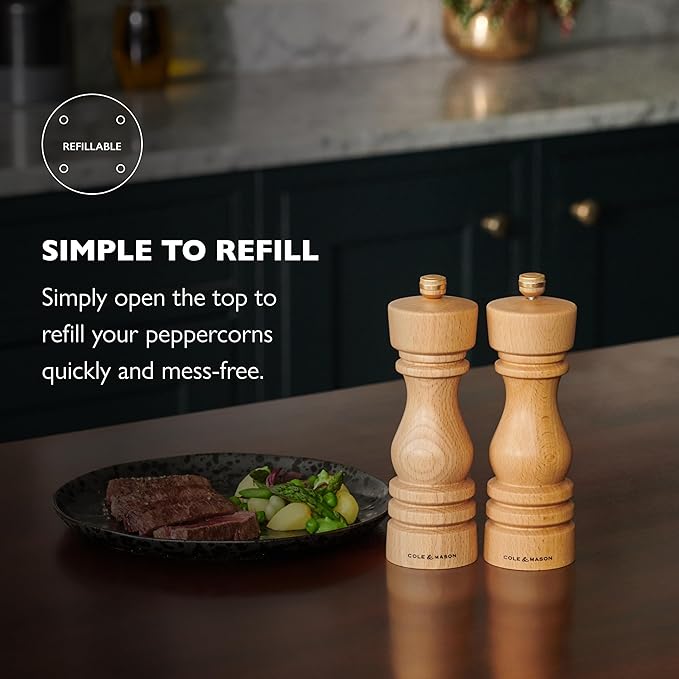 Cole & Mason London Refillable Spice Mill - Kitchen & Home Accessory - Table Black Pepper Grinder - Pepper Mill with Carbon Steel Mechanism - 7", Natural Beech