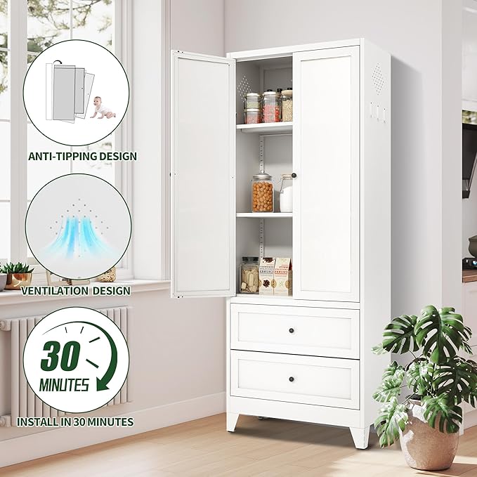72" Tall Kitchen Pantry Cabinet,White Metal Pantry Cabinet with 2 Drawers & 2 Adjustable Shelves,Utility Storage Cabinet Rust-Resistant for Living Room,Dining Room,Bathroom,Garage,Basement