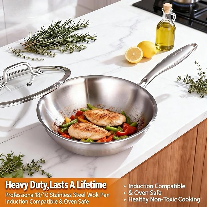 DELARLO Tri-Ply Stainless Steel Woks, 12 Inch Healthy Non-Toxic Cooking Wok Pan with Lid, Wide & Deep Cookware Stir-Fry Pans, Dishwasher and Oven Safe Up To 600째F, Works on Induction