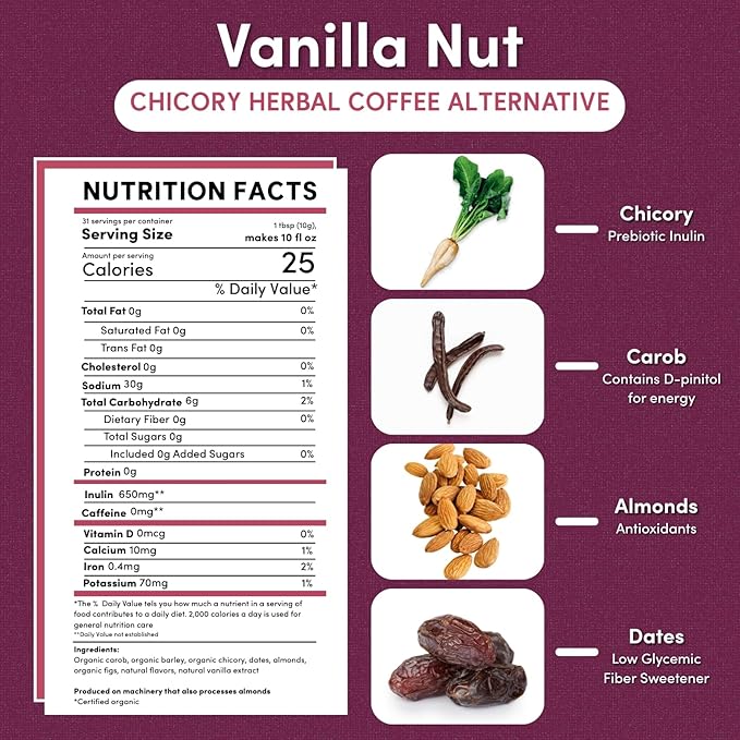 Teeccino Vanilla Nut Chicory Coffee Alternative - 11 Ounce - Ground Herbal Coffee That?™s Prebiotic, Caffeine Free & Acid Free, Medium Roast, (Pack of 3)