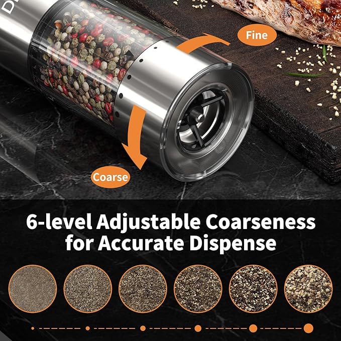 Rechargeable Salt and Pepper Grinder Mill, Electric Salt and Pepper Grinder set with Adjustable Grinding Speed, Automatic, Refillable, Stainless Steel Pepper Mill for Kitchen, Dining, Gifts (2 Pack)