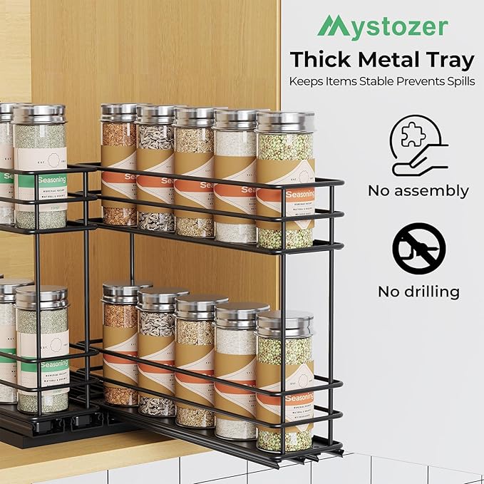 Pull Out Spice Rack Organizer for Cabinet, Slide Out Spice Racks, Easy to Install Spice Cabinet Organizers, 5.28" Wx10.43 Dx8.26 H, 2 Drawers 2 Tiers(Black)