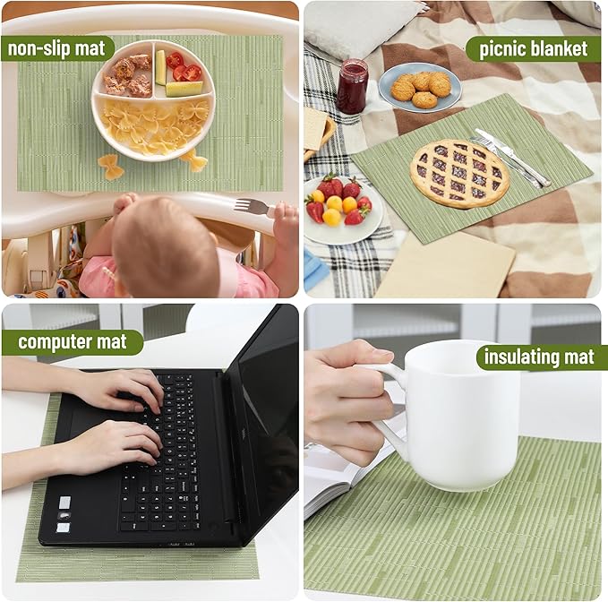 Green Placemats Set of 6 Washable Place Mats PVC Vinyl Woven Table Mats for Dining Table Durable Heat Resistant Non-Slip Size 12 x 17 Inch