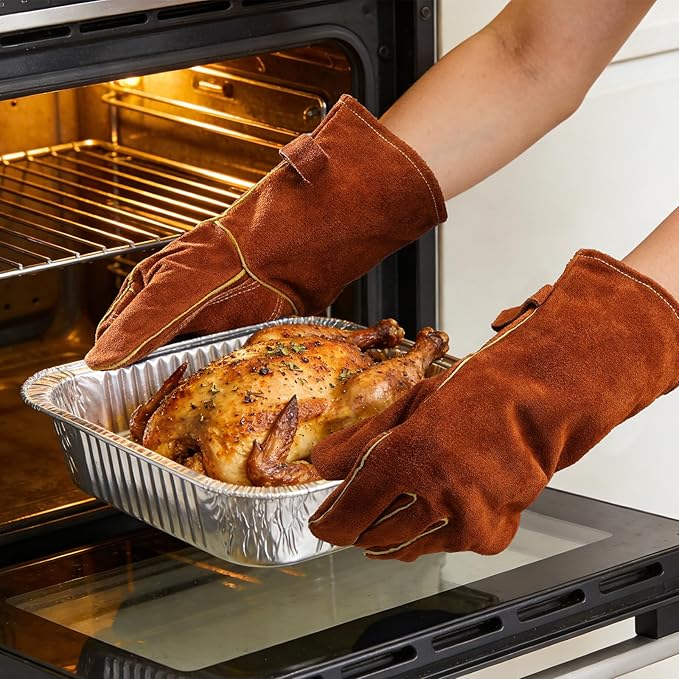 OZERO 932째F Heat Resistant Welding Gloves: 14 inches Cowhide Leather Long Sleeve and Insulated Lining Grill Glove - for Tig Mig Welder Forge Stove Oven Baking Fireplace Barbecue Grilling, Brown