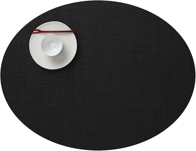 Chilewich Mini Basketweave Placemats in Black - Set of 4 - Easy Care Woven Tabletop Textiles - Indoor/Outdoor - 19.25" x 14" Oval