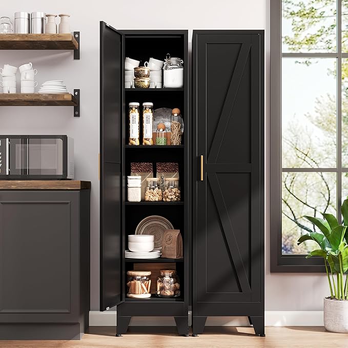67?쏦 Metal Narrow Kitchen Pantry Cabinet,Black Skinny Pantry Cabinet,Tall Narrow Bathroom Storage Cabinet with Adjustable Shelves,Slim and Thin Pantry Cabinets for Living Room Dining Room