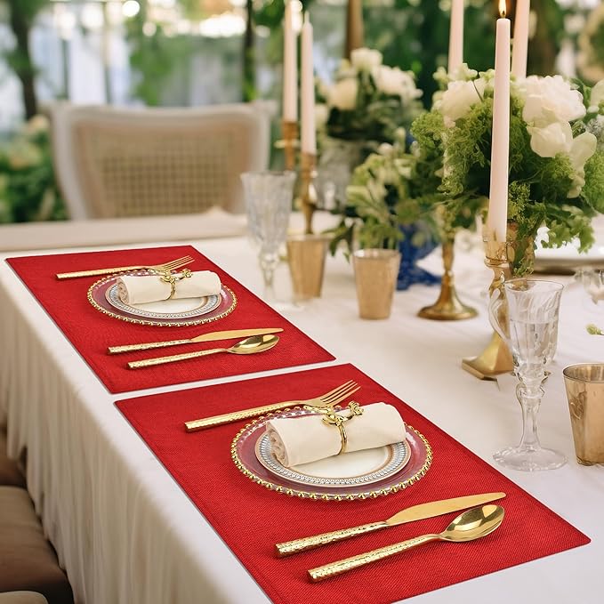 SLKQG Christmas Red Linen Fabric Placemats Set of 4, Heat Resistant & Machine Washable Double-Layered Cloth Placemats for Dining Table, Indoor/Outdoor Use, Non-Slip Kitchen Table Mats (4, Bright Red)