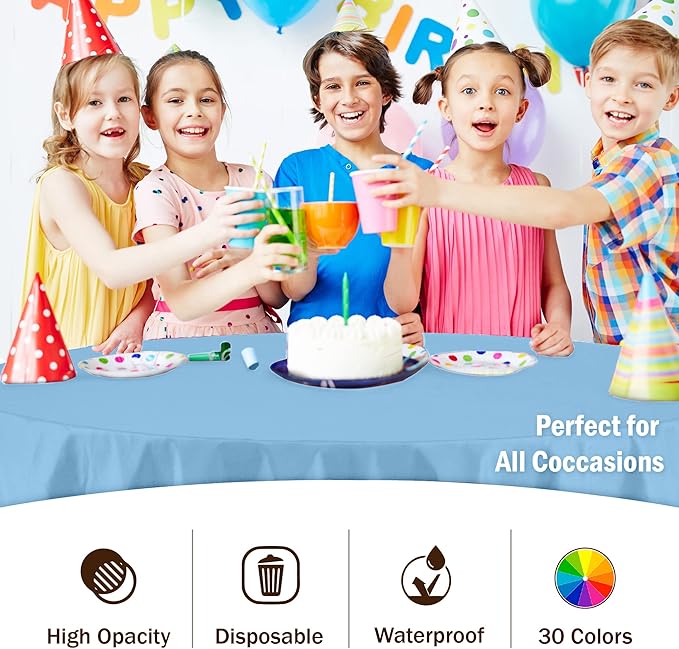 Party Solids 6-Pack Premium Plastic Tablecloth 84in. Round Plastic Table Cover - Light Blue