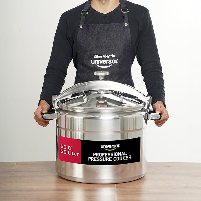 Universal (Extra Large) 53-Quart Aluminum Pressure Cooker for Professional Use ??Commercial-Grade, 2 Safety Valves, Reinforced Handles, Easy-Open Lid, ??Ideal for Large Kitchens, and Restaurants