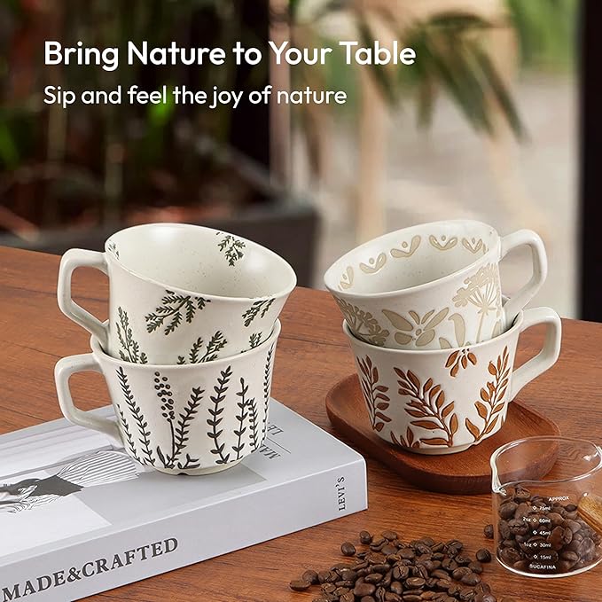 Ceramic Coffee Mug, 12 oz Novelty Unique Teacup with Handle, Stoneware Cup for Tea Mocha Latte Cappuccino Espresso (Set of 2, Ivy and Leaf)