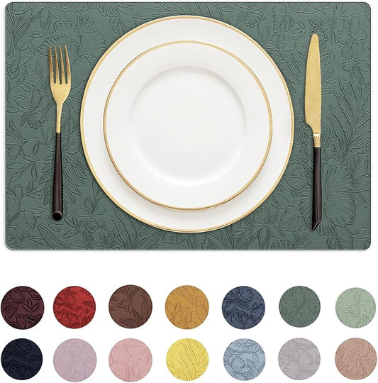 Romanstile Vinyl Placemats Set of 8-12 X 18 Inch - Heat Resistant Non-Slip Embossed Floral Place Mats 100% Waterproof Oilproof Wipeable Faux Leather Table Mats for Kitchen/Dining/Party, Green
