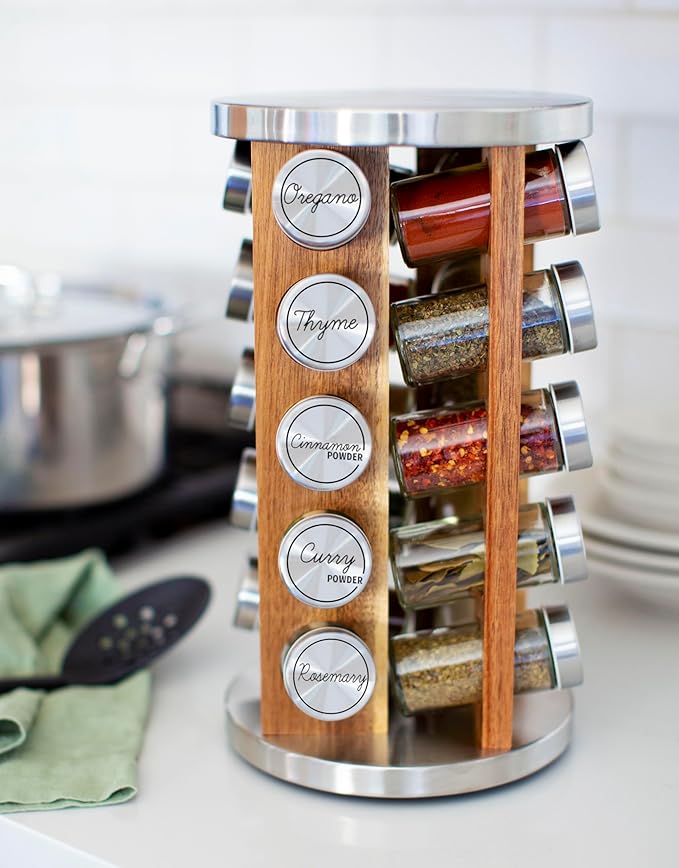 Orii 20 Jar Spice Rack with Spices Included - Tower Organizer for Kitchen Spices and Seasonings, (Natural Acacia Wood)