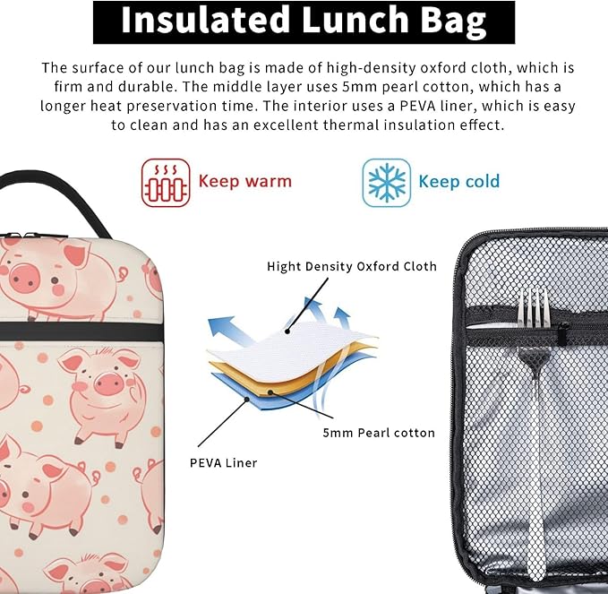 VANZEV Lunch Box for Adults Women Girls Boys Kids Cute Pig Theme Lunch Box Insulated Cooler Reusable Lunch Bag Container Gifts for Work Office Picnic Travel School