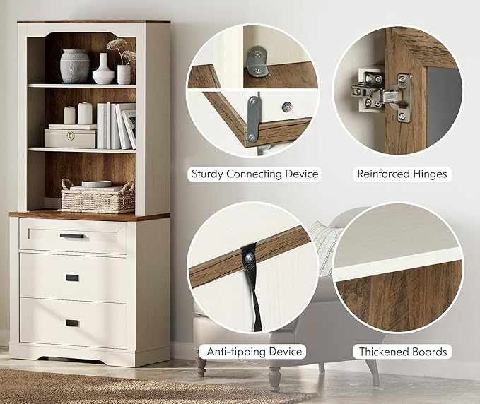 WAMPAT 3 Column 3 Tier Pantry Cabinet with Drawer,73.3" Tall Floor Standing Cupboard,Modern Farmhouse Display Kitchen Buffet with Adjustable Shelves for Dining Room,Living Room,Rustic White