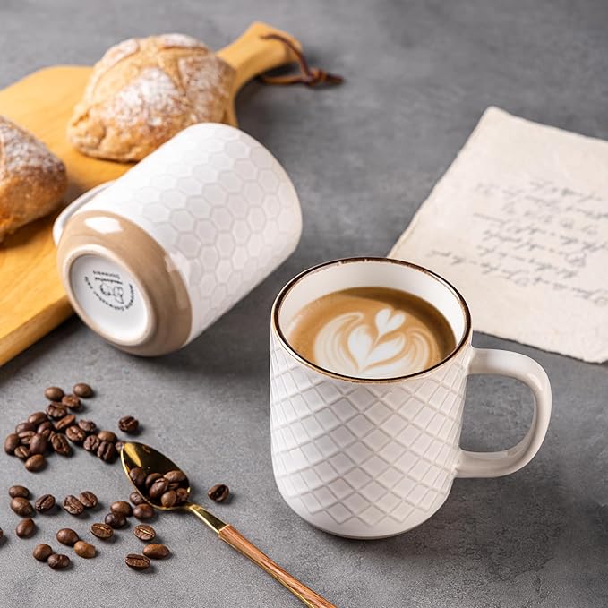 GBhome Ceramic Coffee Mugs Set of 4, 12oz Handmade Stoneware Coffee Mugs Set with Large Handle for Cappuccino/Latte/Tea/Hot Cocoa, Dishwasher & Microwave Safe, Off White