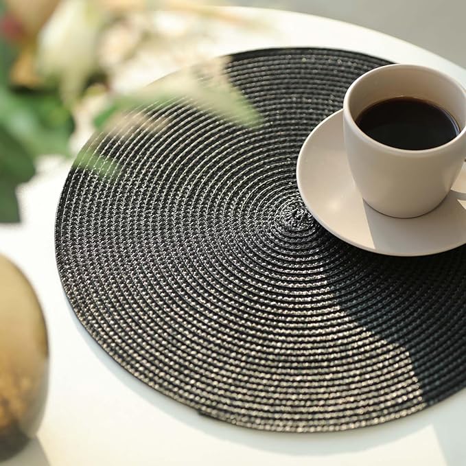 FunWheat Round Braided Placemats Set of 4 Place Mats for Dining Tables Woven Washable Non-Slip Table mats Small 13 inch(S Black, 4pcs)