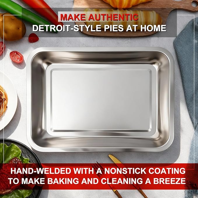 RimCereal 3 Pcs Detroit Style Pizza Pan 10 x 14 x 2.36 Inch Non Stick Rectangle Deep Pizza Pans Pre Seasoned Sicilian Style Pan Dish Bakeware Kitchenware(Silver)