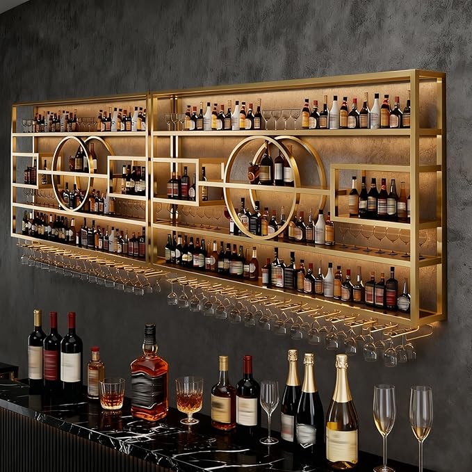 Wall Mounted Wine Rack, Modern Industrial Hanging Liquor Bottles Shelves with Wine Glass Holder, Metal Floating Wine Storage Display Shelf, for Bar, Kitchen, Wine Cellar (Black, 160cm/63in)