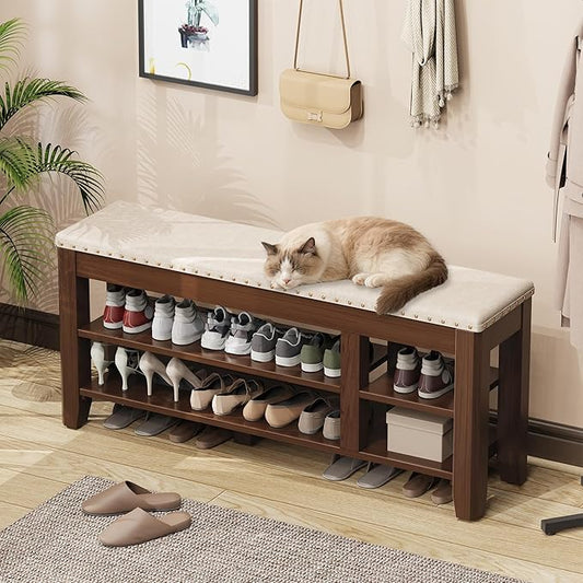 Shoe Bench for Entryway, Solid Rubberwood Shoe Bench with Hidden Storage, Adjustable 2-Tier Shelves & Soft PU Leather Seat, Shoe Rack Durable Easy Assembly for Hallway or Bedroom - Beige, 47.2"