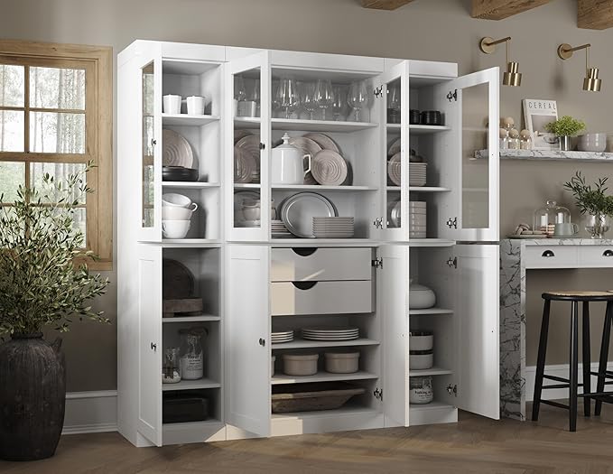 Palace Imports 100% Solid Wood Kitchen China Pantry Cabinet, 65" W - 4 Clear Glass & 4 Shaker Doors, Renewable Eco-Friendly Wood, Made in Brazil (White, 8 China/Shaker Doors | 2 Drawers)